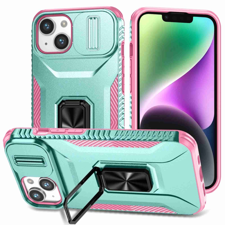 

For iPhone 14 Sliding Camshield Holder Phone Case(Grey Green + Pink)