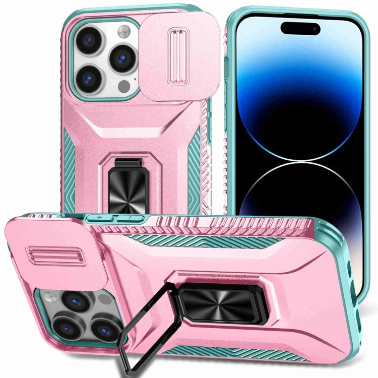 

For iPhone 14 Pro Sliding Camshield Holder Phone Case(Pink + Grey Green)