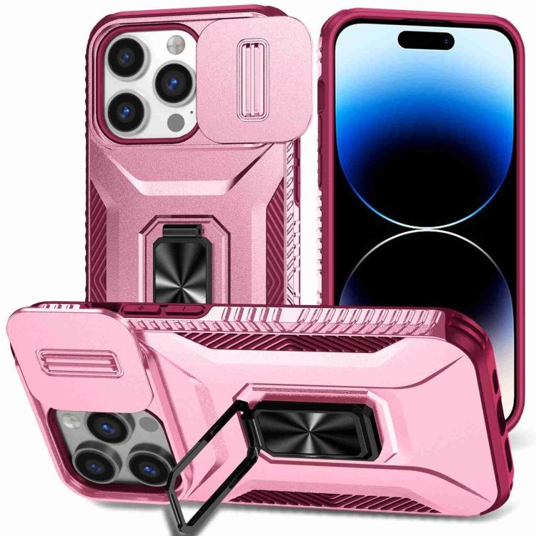 

For iPhone 14 Pro Sliding Camshield Holder Phone Case(Pink + Rose Red)