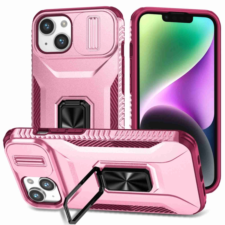 

For iPhone 14 Plus Sliding Camshield Holder Phone Case(Pink + Rose Red)