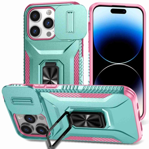 

For iPhone 14 Pro Max Sliding Camshield Holder Phone Case(Grey Green + Pink)