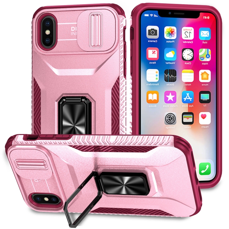 

For iPhone XS Sliding Camshield Holder Phone Case(Pink + Rose Red)
