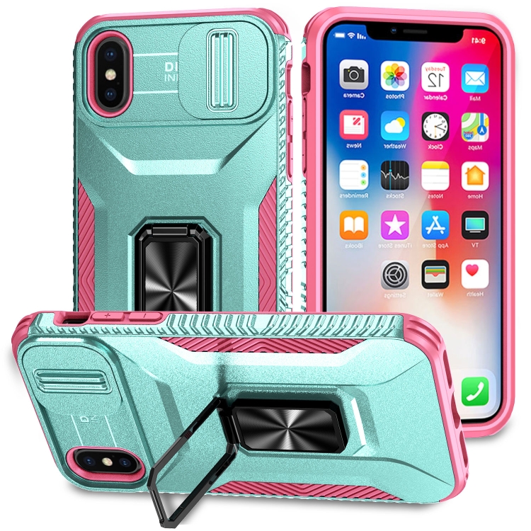 

For iPhone XS Sliding Camshield Holder Phone Case(Grey Green + Pink)