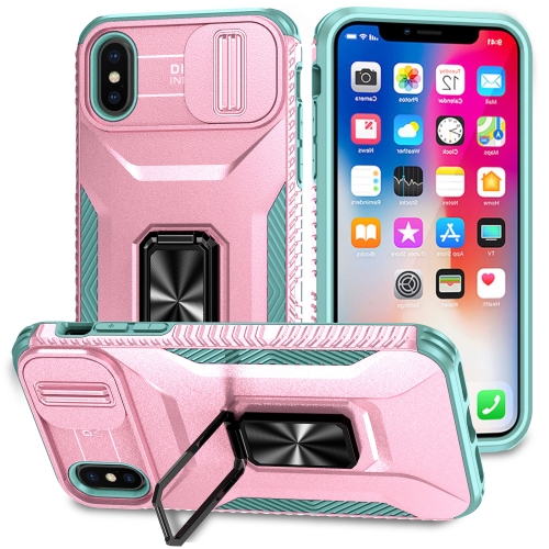 

For iPhone XS Max Sliding Camshield Holder Phone Case(Pink + Grey Green)