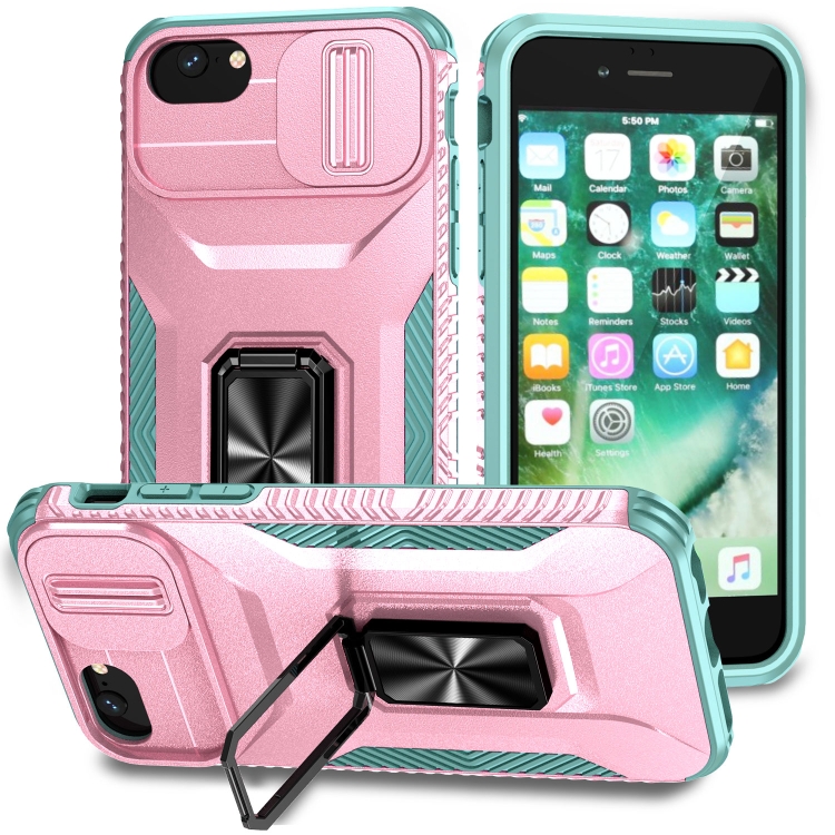 

For iPhone 7 Sliding Camshield Holder Phone Case(Pink + Grey Green)