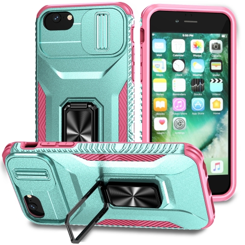 

For iPhone 7 Sliding Camshield Holder Phone Case(Grey Green + Pink)