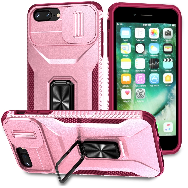 

For iPhone 7 Plus Sliding Camshield Holder Phone Case(Pink + Rose Red)