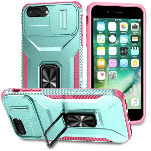 

For iPhone 7 Plus Sliding Camshield Holder Phone Case(Grey Green + Pink)