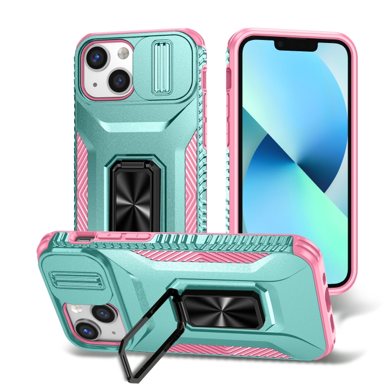 

For iPhone 13 mini Sliding Camshield Holder Phone Case(Pink + Grey Green)