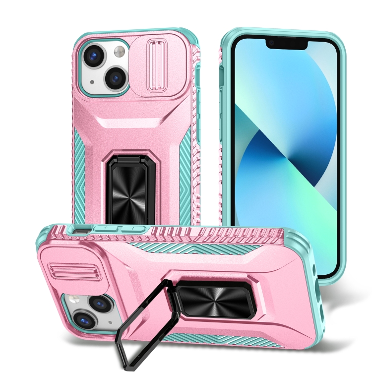 

For iPhone 13 mini Sliding Camshield Holder Phone Case(Grey Green + Pink)