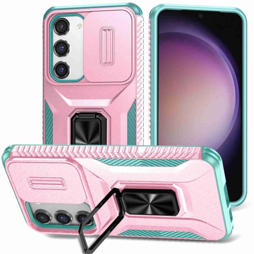 

For Samsung Galaxy S23 5G Sliding Camshield Holder Phone Case(Pink + Grey Green)