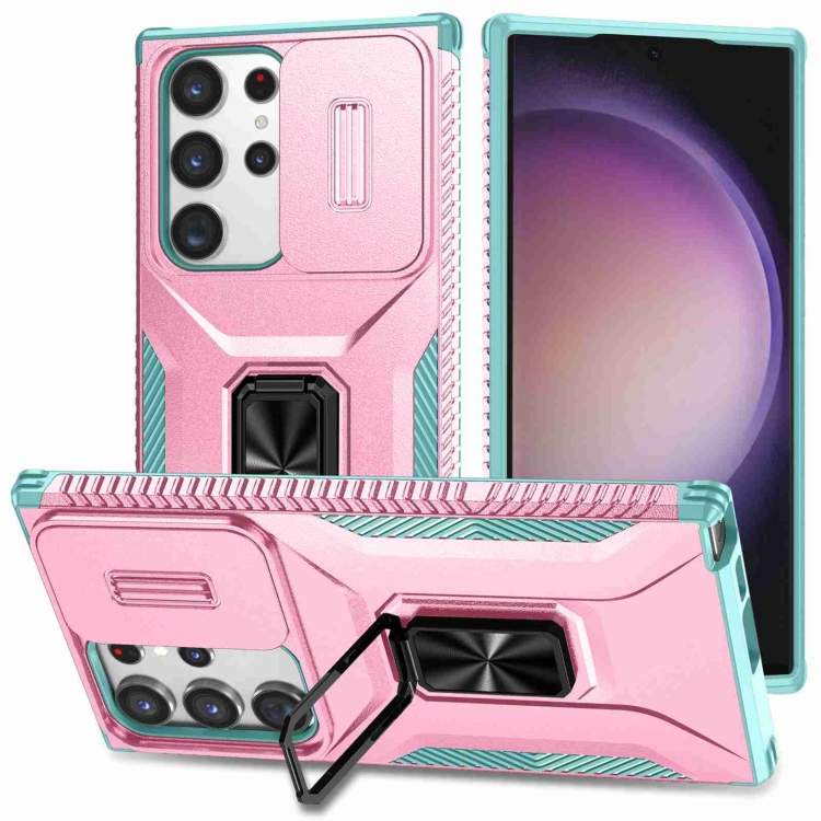 

For Samsung Galaxy S23 Ultra 5G Sliding Camshield Holder Phone Case(Pink + Grey Green)