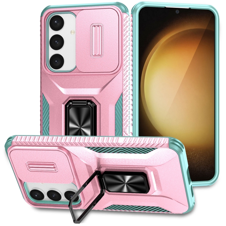 

For Samsung Galaxy S24 5G Sliding Camshield Holder Phone Case(Pink + Grey Green)