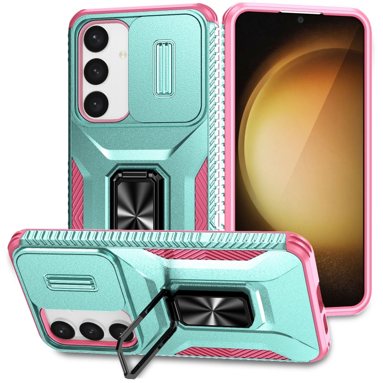 

For Samsung Galaxy S24+ 5G / S25+ 5G Sliding Camshield Holder Phone Case(Grey Green + Pink)
