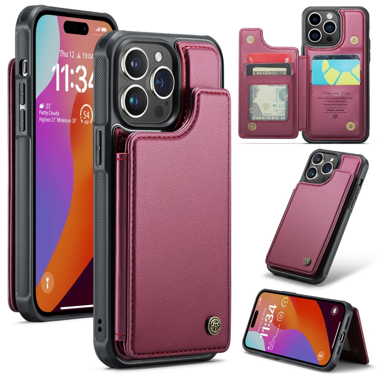 

For iPhone 15 Pro CaseMe C22 Card Slots Holder RFID Anti-theft Phone Case(Wine Red)