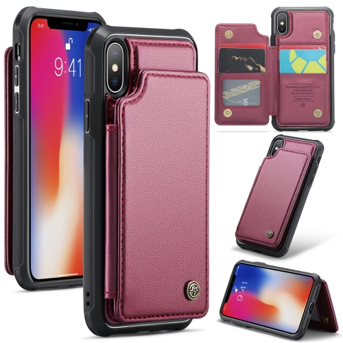 

For iPhone XS / X CaseMe C22 Card Slots Holder RFID Anti-theft Phone Case(Wine Red)
