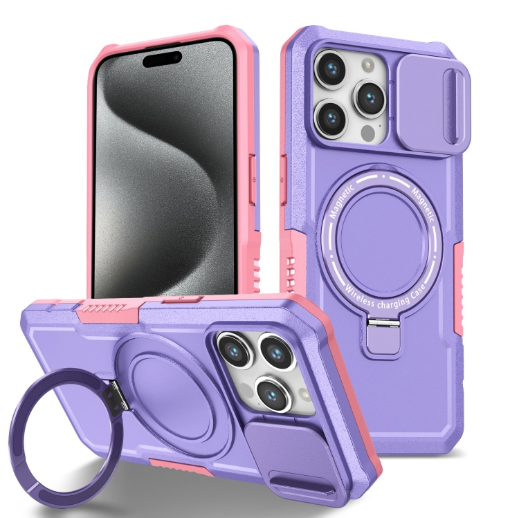 

For iPhone 15 Pro Max Sliding Camshield MagSafe Holder TPU Hybrid PC Phone Case(Pink Purple)