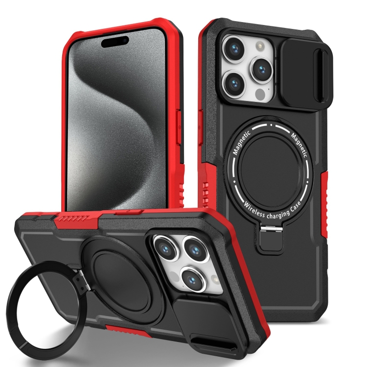 

For iPhone 15 Pro Max Sliding Camshield MagSafe Holder TPU Hybrid PC Phone Case(Black Red)