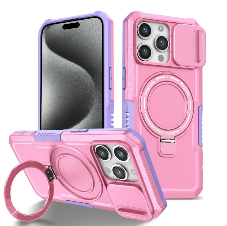 

For iPhone 15 Pro Max Sliding Camshield MagSafe Holder TPU Hybrid PC Phone Case(Purple Pink)