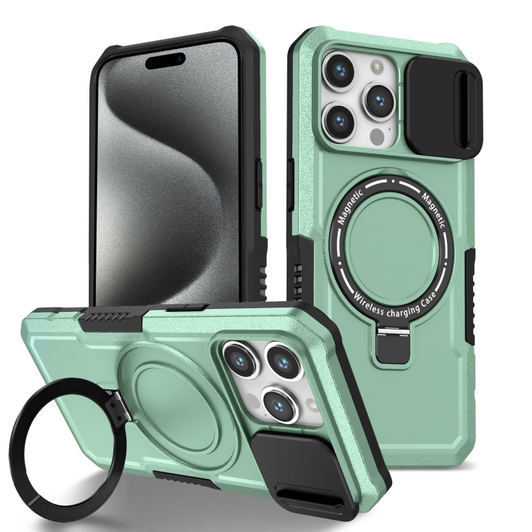 

For iPhone 15 Pro Sliding Camshield MagSafe Holder TPU Hybrid PC Phone Case(Light Blue)