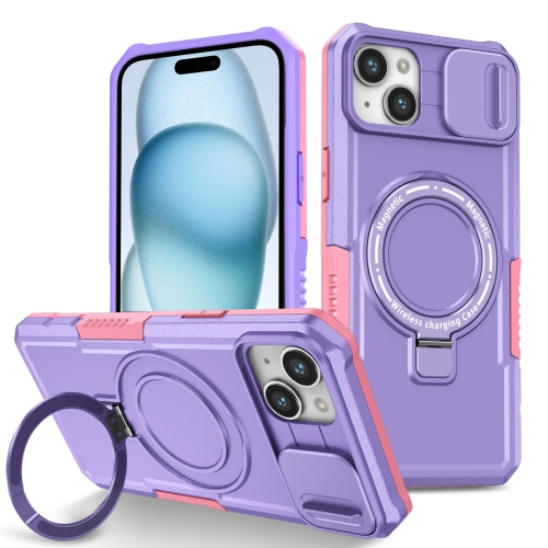 

For iPhone 15 Plus Sliding Camshield Magsafe Holder TPU Hybrid PC Phone Case(Pink Purple)
