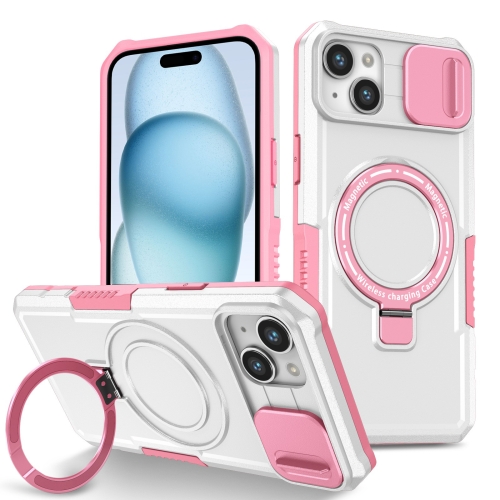 

For iPhone 15 Sliding Camshield Magsafe Holder TPU Hybrid PC Phone Case(Pink White)