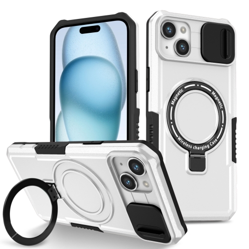For iPhone 15 Sliding Camshield Magsafe Holder TPU Hybrid PC Phone Case(Black White)