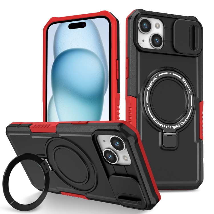 

For iPhone 15 Sliding Camshield MagSafe Holder TPU Hybrid PC Phone Case(Black Red)