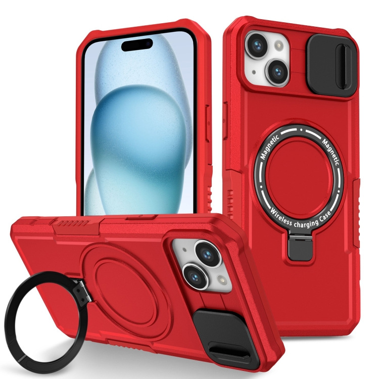 

For iPhone 15 Sliding Camshield MagSafe Holder TPU Hybrid PC Phone Case(Red)