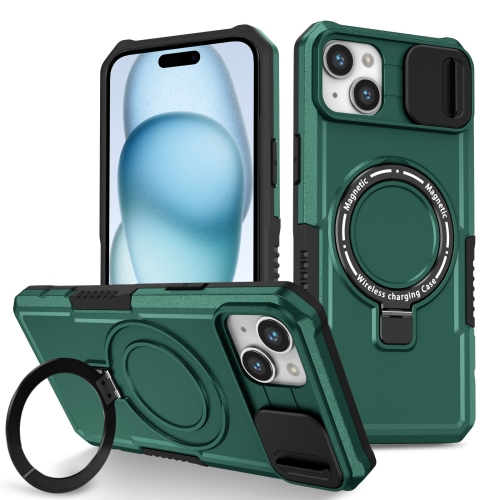 

For iPhone 15 Sliding Camshield Magsafe Holder TPU Hybrid PC Phone Case(Deep Green)