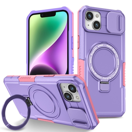 

For iPhone 14 Plus Sliding Camshield Magsafe Holder TPU Hybrid PC Phone Case(Pink Purple)