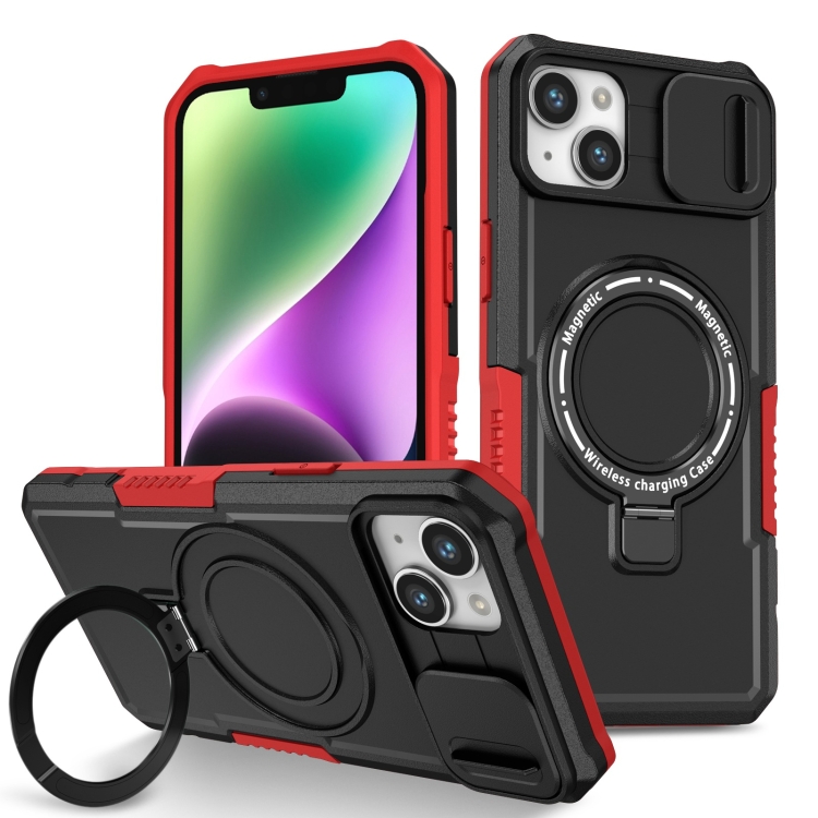 

For iPhone 14 Plus Sliding Camshield Magsafe Holder TPU Hybrid PC Phone Case(Black Red)