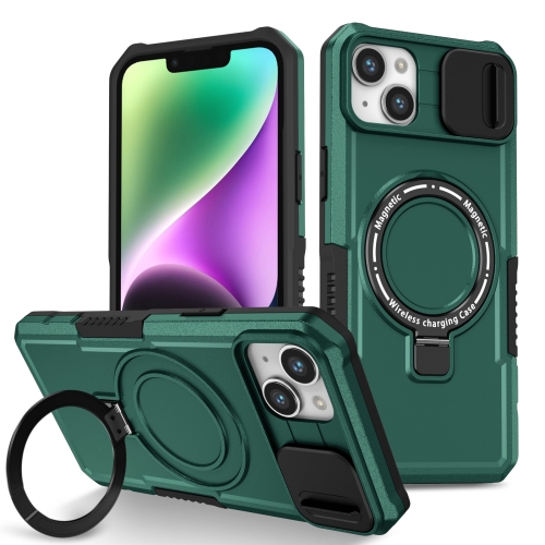 

For iPhone 14 Plus Sliding Camshield Magsafe Holder TPU Hybrid PC Phone Case(Deep Green)