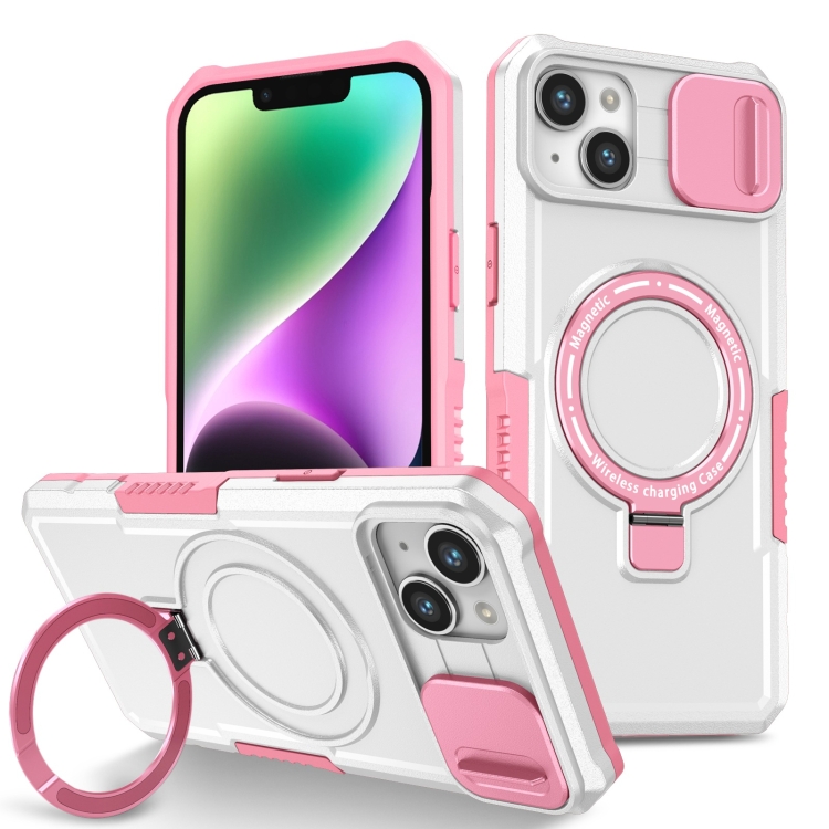 

For iPhone 14 Sliding Camshield MagSafe Holder TPU Hybrid PC Phone Case(Pink White)