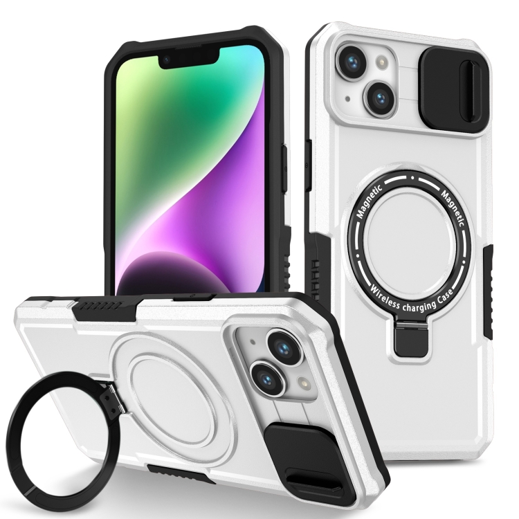 

For iPhone 14 Sliding Camshield MagSafe Holder TPU Hybrid PC Phone Case(Black White)