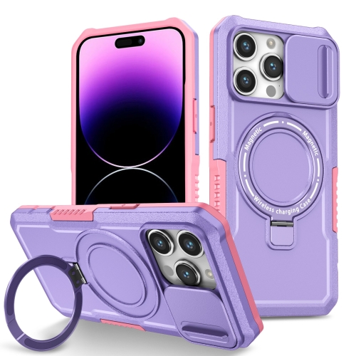 

For iPhone 14 Pro Max Sliding Camshield MagSafe Holder TPU Hybrid PC Phone Case(Pink Purple)