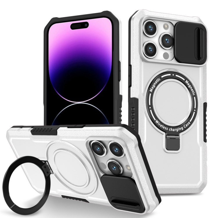 

For iPhone 14 Pro Max Sliding Camshield Magsafe Holder TPU Hybrid PC Phone Case(Black White)