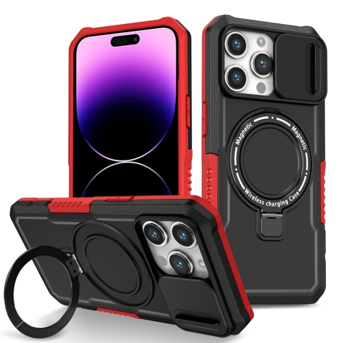

For iPhone 14 Pro Max Sliding Camshield Magsafe Holder TPU Hybrid PC Phone Case(Black Red)