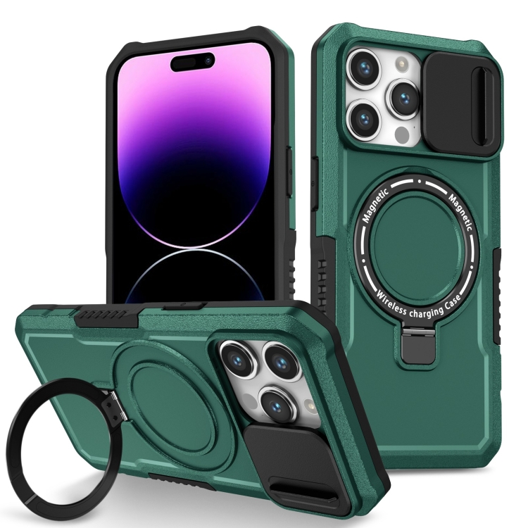 

For iPhone 14 Pro Max Sliding Camshield MagSafe Holder TPU Hybrid PC Phone Case(Deep Green)