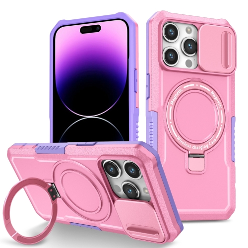 

For iPhone 14 Pro Max Sliding Camshield Magsafe Holder TPU Hybrid PC Phone Case(Purple Pink)