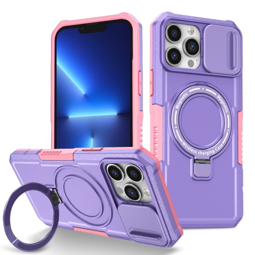 

For iPhone 13 Pro Max Sliding Camshield MagSafe Holder TPU Hybrid PC Phone Case(Pink Purple)