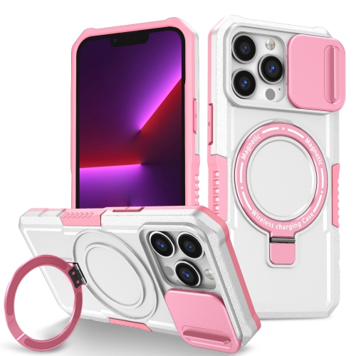 

For iPhone 13 Pro Sliding Camshield Magsafe Holder TPU Hybrid PC Phone Case(Pink White)