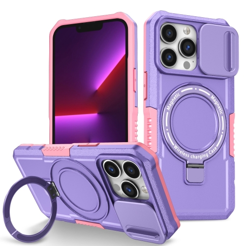 

For iPhone 13 Pro Sliding Camshield Magsafe Holder TPU Hybrid PC Phone Case(Pink Purple)