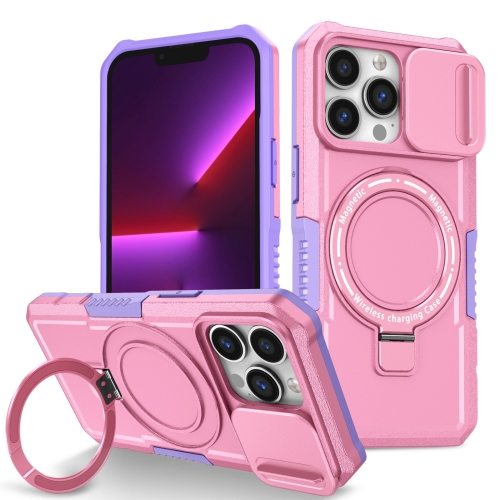 

For iPhone 13 Pro Sliding Camshield Magsafe Holder TPU Hybrid PC Phone Case(Purple Pink)