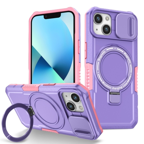 

For iPhone 13 Sliding Camshield Magsafe Holder TPU Hybrid PC Phone Case(Pink Purple)