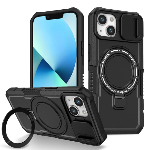 For iPhone 13 Sliding Camshield Magsafe Holder TPU Hybrid PC Phone Case(Black)