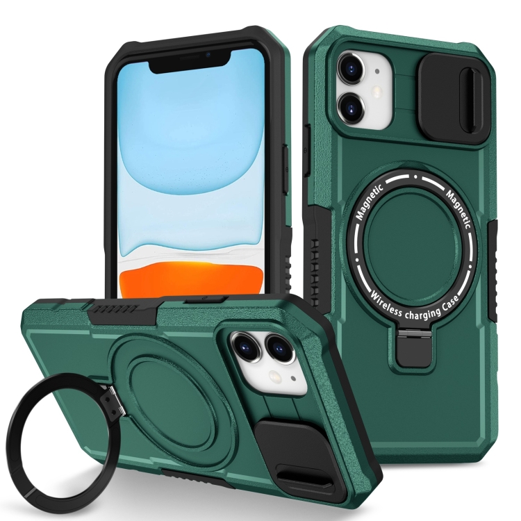 

For iPhone 12 Sliding Camshield Magsafe Holder TPU Hybrid PC Phone Case(Deep Green)