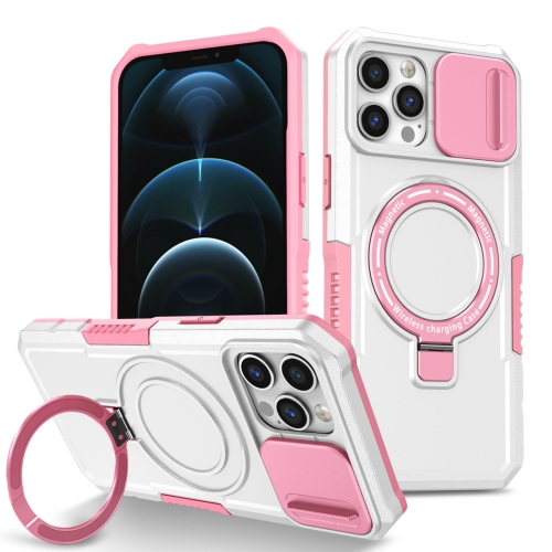 

For iPhone 12 Pro Max Sliding Camshield Magsafe Holder TPU Hybrid PC Phone Case(Pink White)