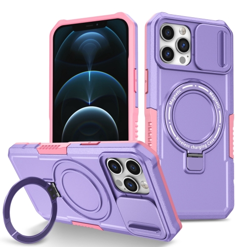 

For iPhone 12 Pro Max Sliding Camshield Magsafe Holder TPU Hybrid PC Phone Case(Pink Purple)