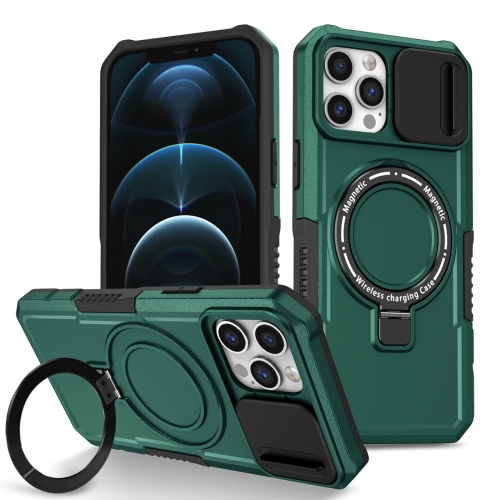 

For iPhone 12 Pro Max Sliding Camshield Magsafe Holder TPU Hybrid PC Phone Case(Deep Green)